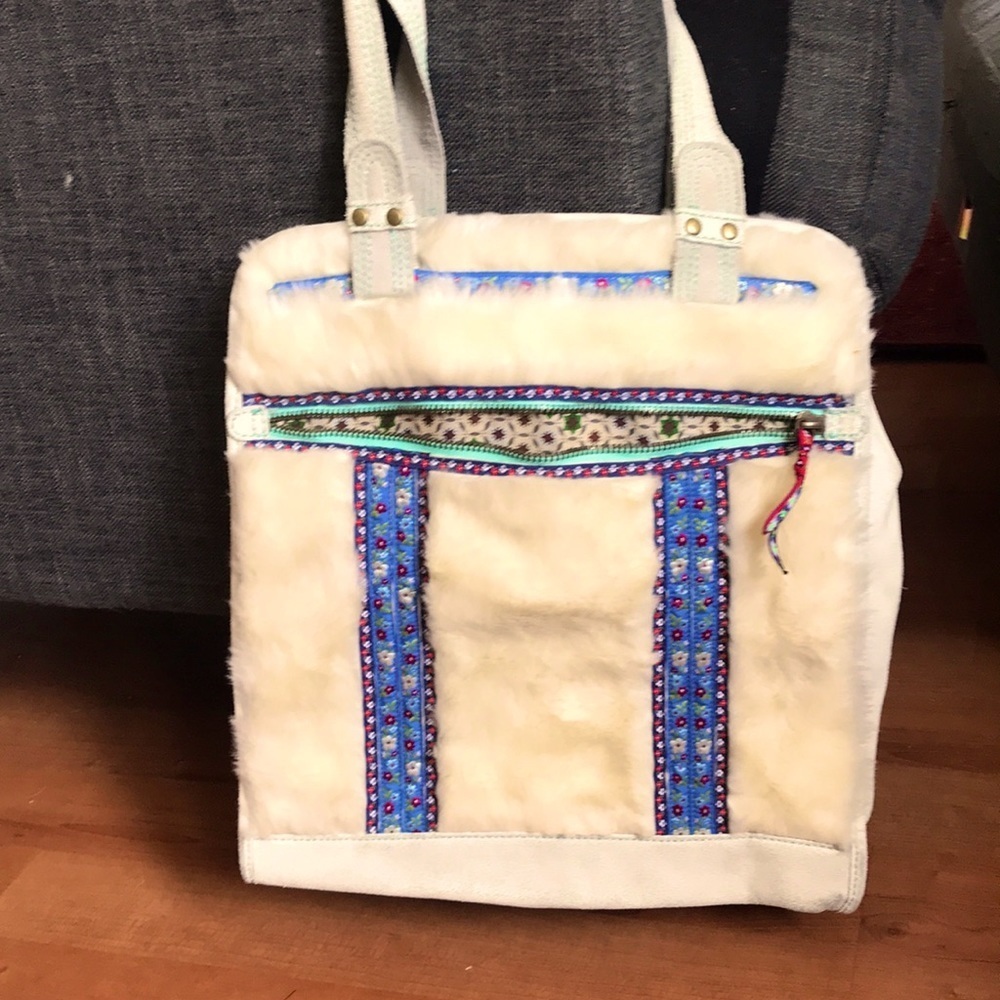 RARE free people Sherpa fur laptop bag case purse computer  embroidered